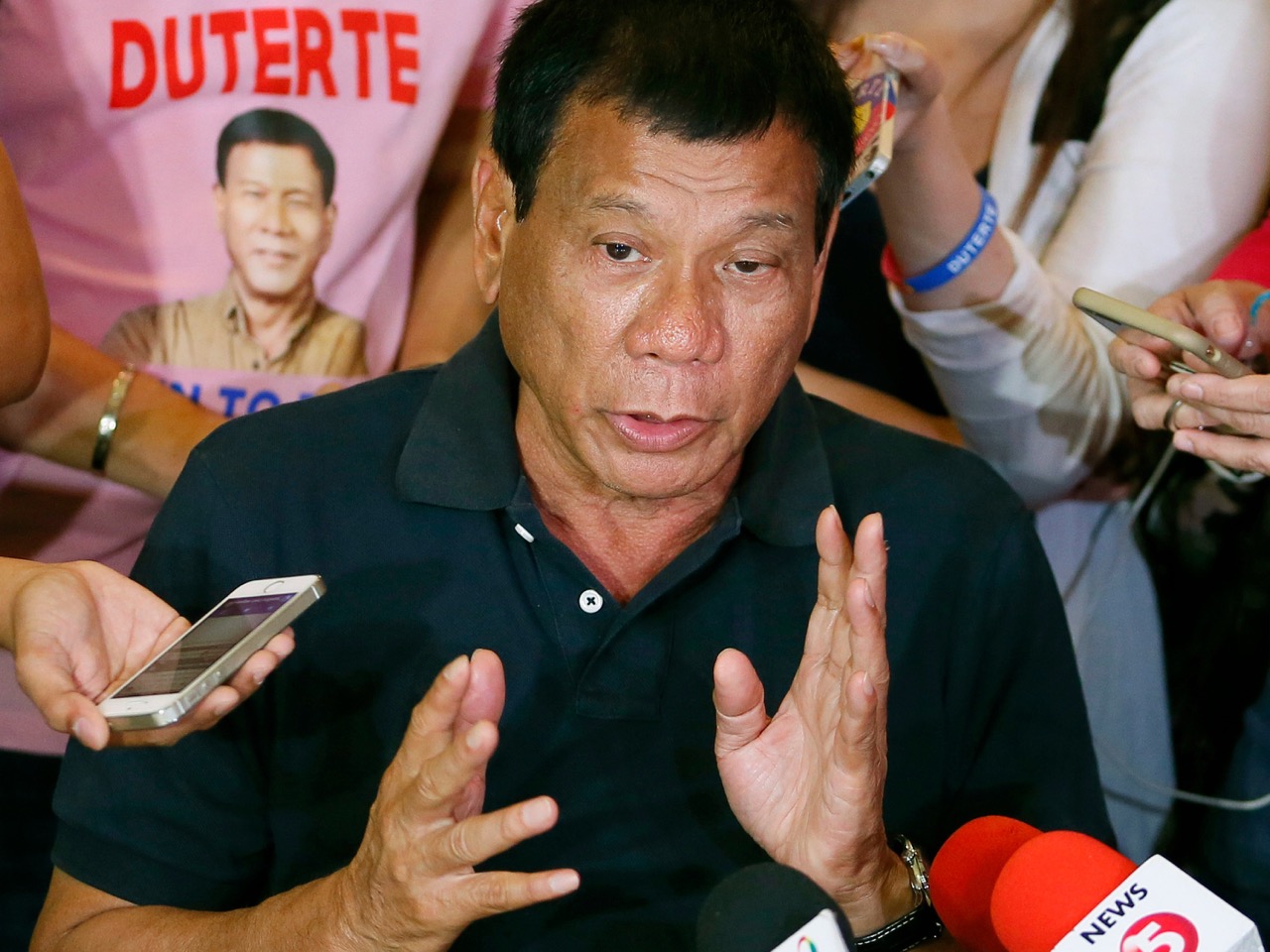 In this 29 April 2016 file photo, then presidential candidate Rodrigo Duterte answers questions from the media in Manila
