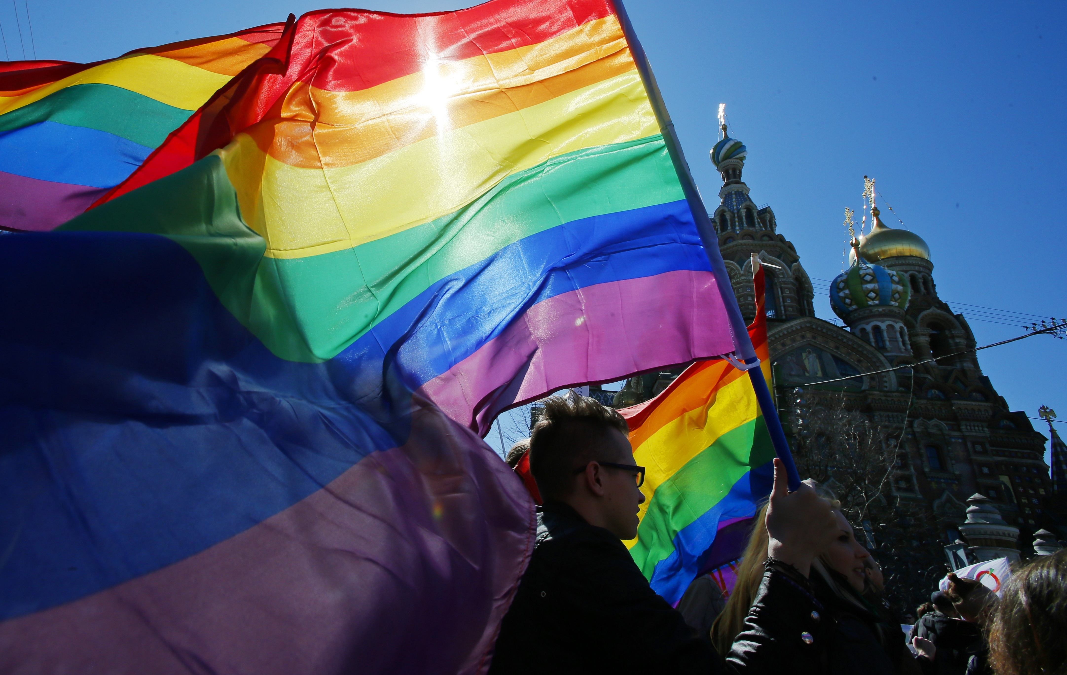 1 May 2013, Russia. LGBT rights activists take part in a rally in St. Petersburg.