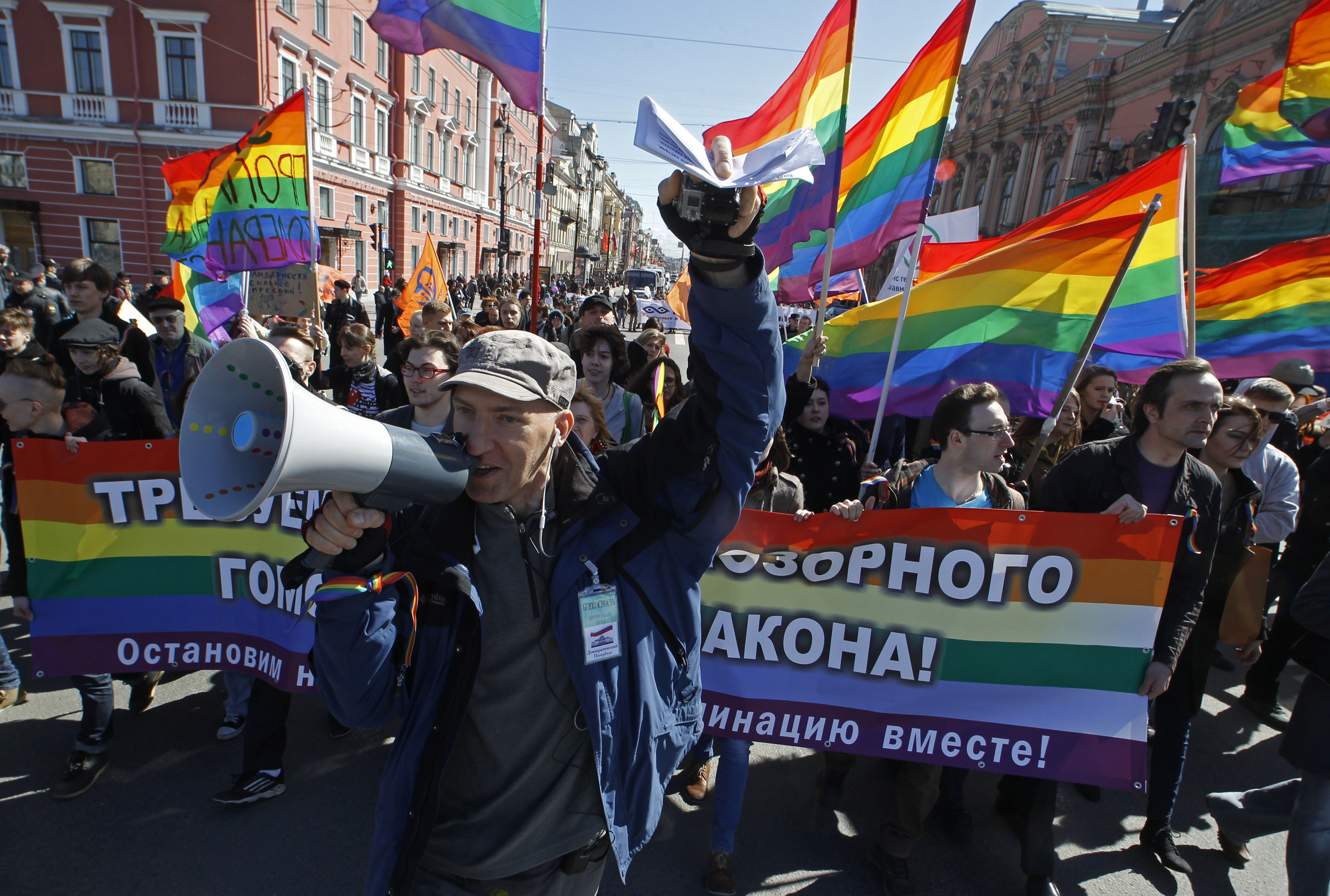 1 May 2013, Russia. Activists in St. Petersburg march in support of LGBT rights.