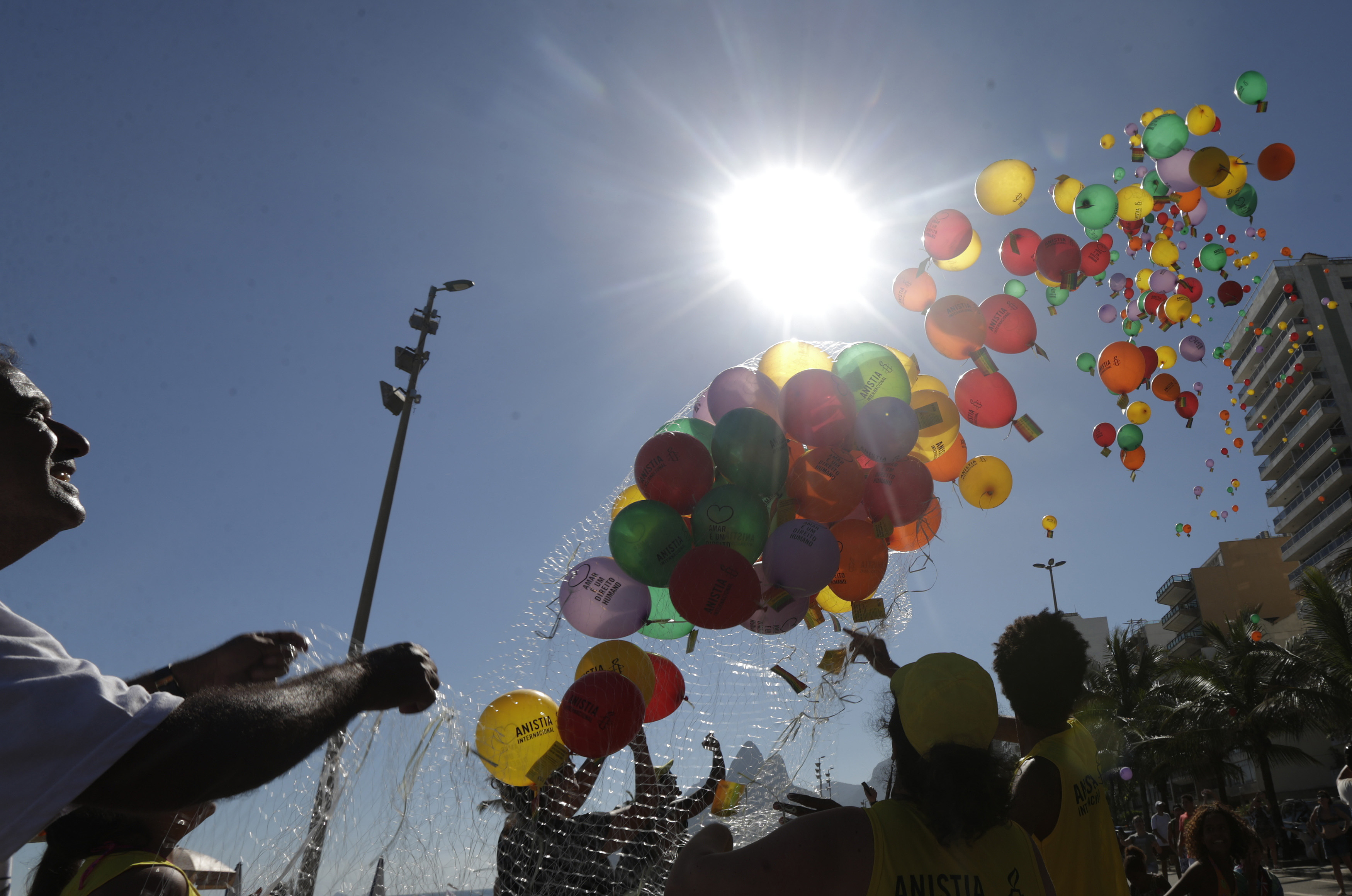 2 Februrary 2014, Brazil. Demonstrators in Rio de Janeiro release balloons printed with messages directed against Russia's President Vladimir Putin and anti-gay laws.